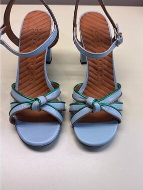 Chie Mihara Powder Blue Block Heel Sandals with Green Trim